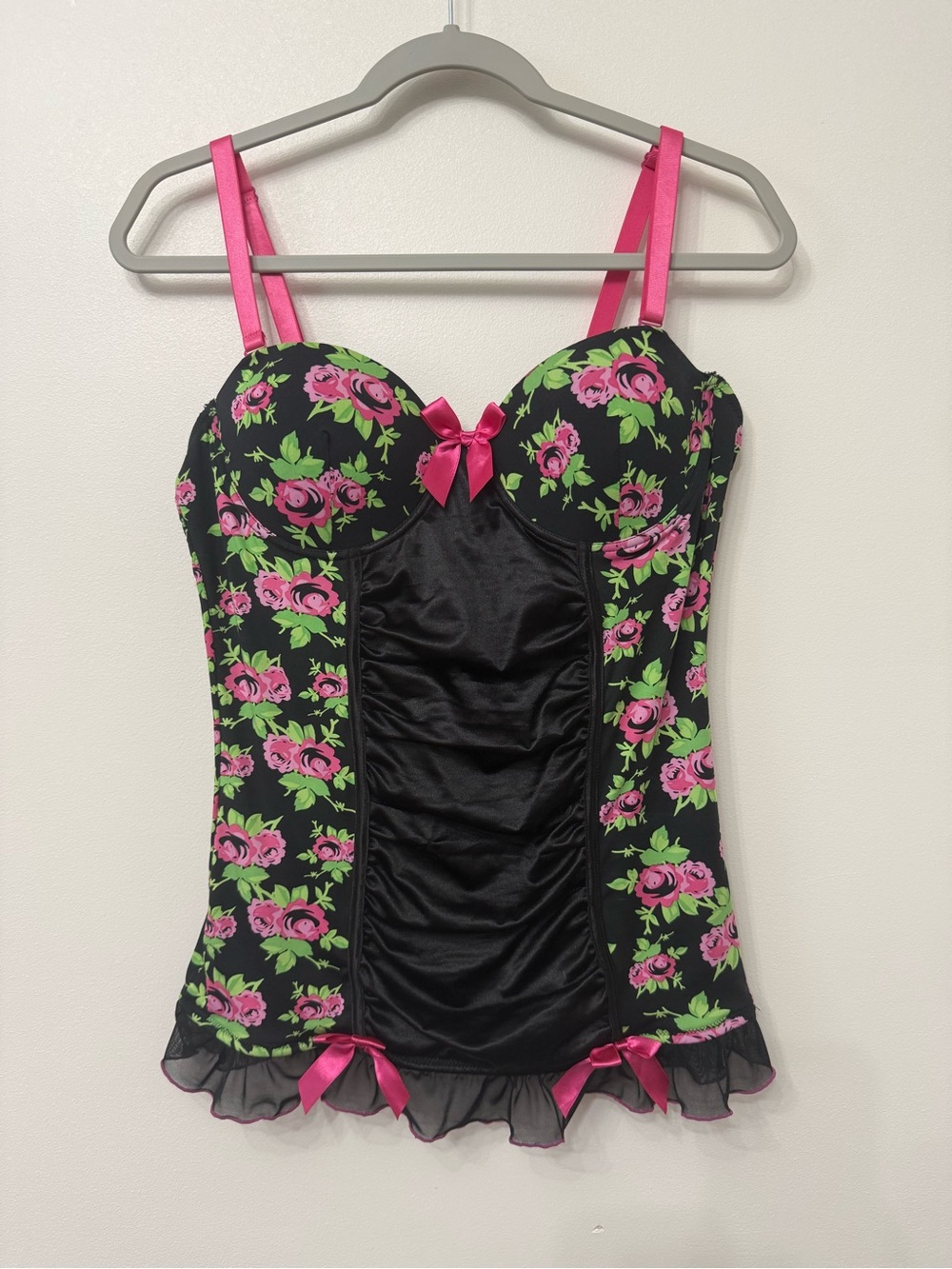 Torrid Vintage 90s Black Floral Bustier Top with Pink and Green Roses
